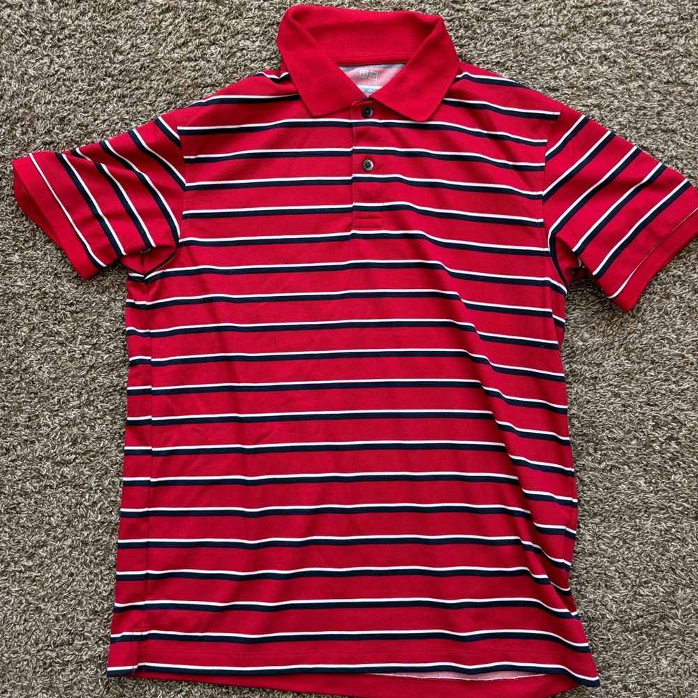 Uniqlo Men’s Red and Navy Striped Polo T Shirt - Size Small